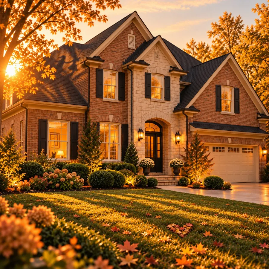 Brick and stone home at sunset with a French bulldog watching from the front window