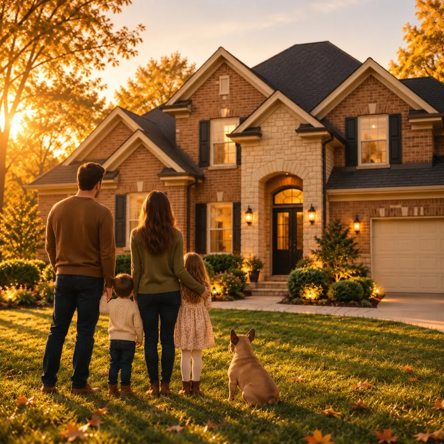 Family with two children and a French bulldog looking at a brick home at sunset
