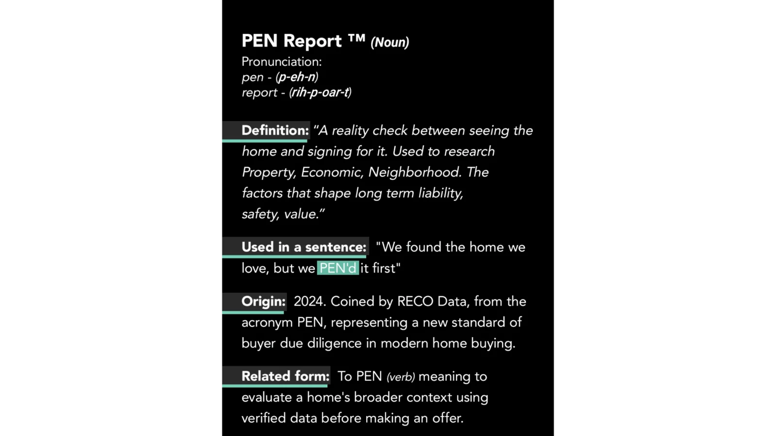 Sample PEN Report home buying report for a single family home